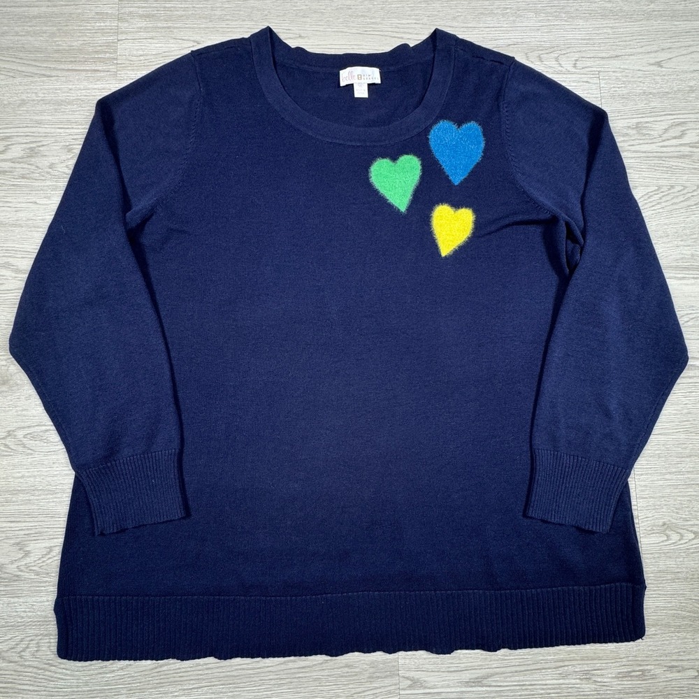 Belle by Kim Gravel Women Sweater XL Navy Blue Fuzzy Hearts Crew Neck‎ Pullover